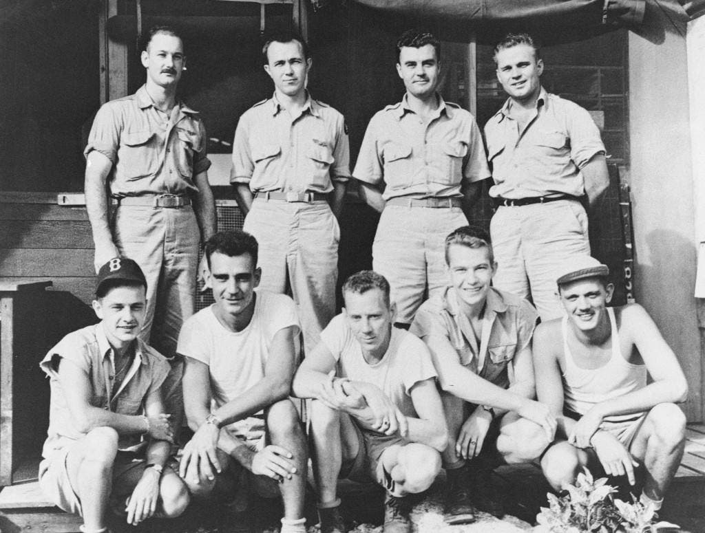 The men who made the historic flight over Hiroshima to drop the first atomic bomb. Top: Flight crew of Enola Gay, attackers of Hiroshima. Left to right kneeling; Staff Sergeant George R. Caron; Sergeant Joe Stiborik; Staff Sergeant Wyatt E. Duzenbury; Private first class Richard H. Nelson; Sergeant Robert H. Shurard. Left to right standing; Major Thomas W. Ferebee, Group Bombardier; Major Theodore Van Kirk, Navigator; Colonel Paul W. Tibbetts, 509th Group Commander and Pilot; Captain Robert A. Lewis, Airplane Commander. (Credit: Bettmann/Getty Images)