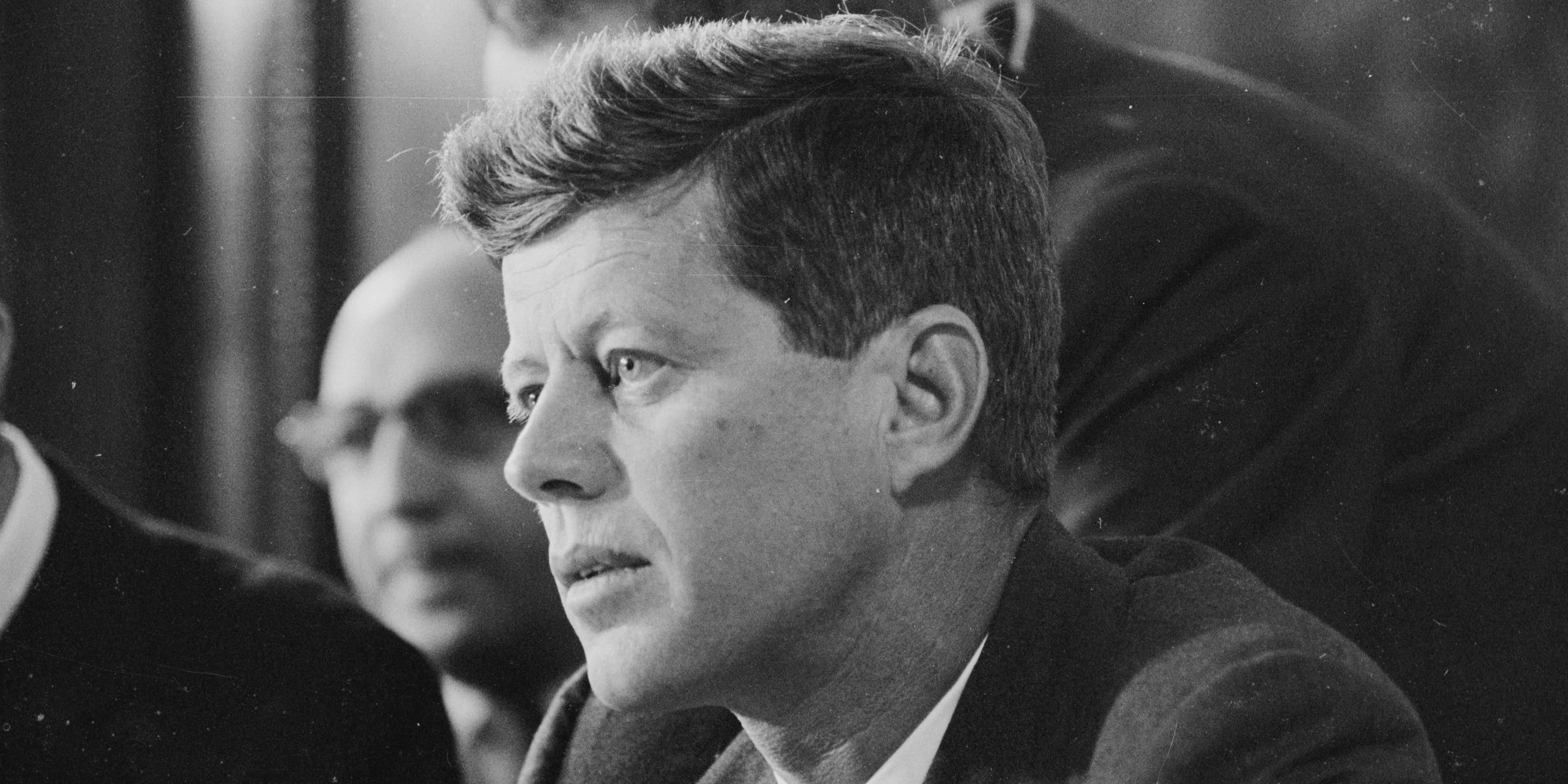 Close-up of American Senator (and future US President) John F Kennedy (1917 - 1963) as he listens to testimony during McClellan Committee's investigation of the Teamsters Union, Washington DC, February 26, 1957.