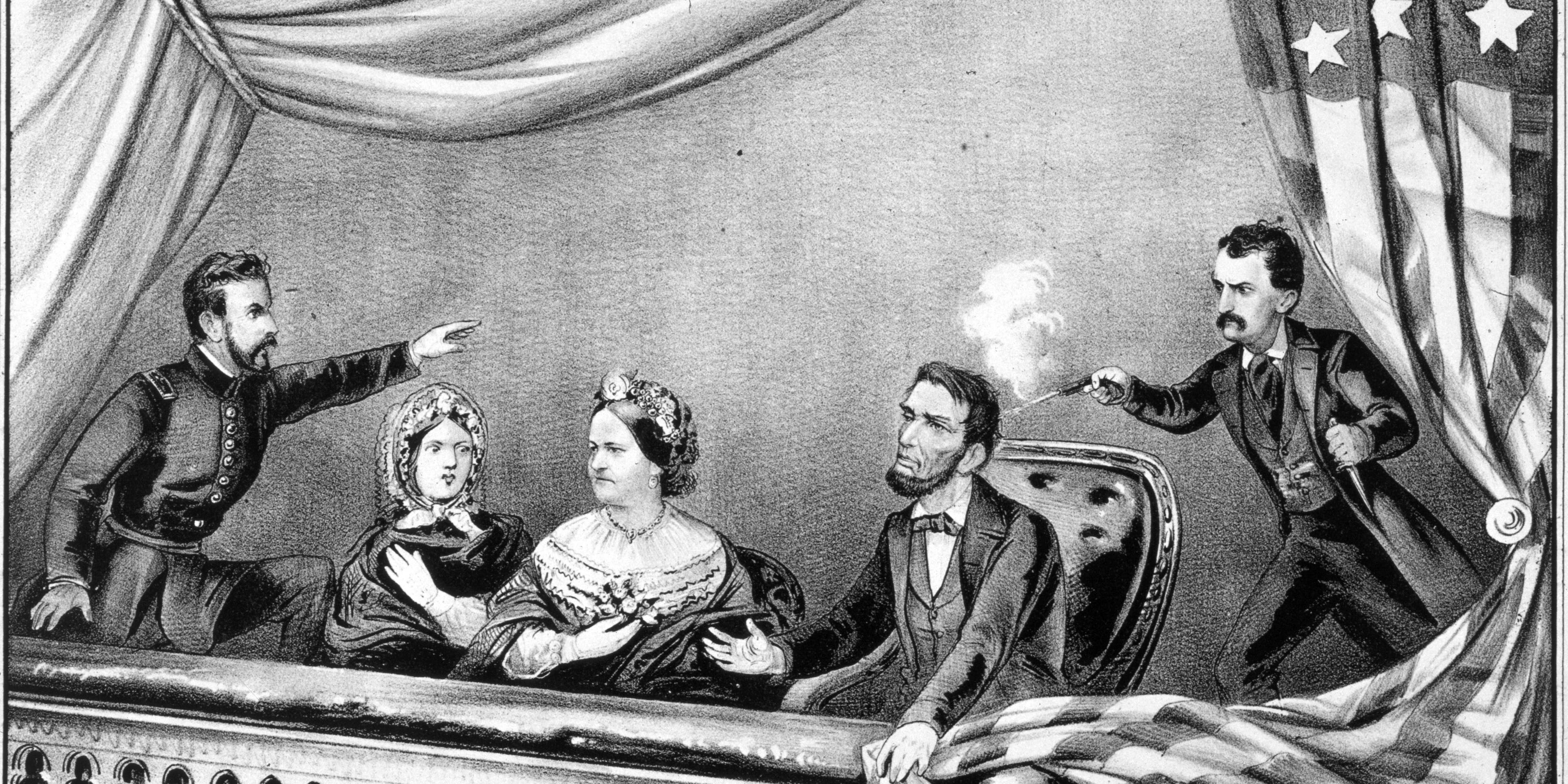 The assassination of Abraham Lincoln by John Wilkes Booth at Ford's Theatre, Washington, D.C. Engraving by Currier & Ives.