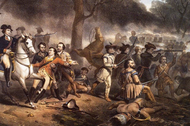 French And Indian War1755: A battle scene from the French and Indian War (1754 - 1763), a conflict between the British and the French, aided by their respective colonial and Native American allies, for the domination of America. (Photo by MPI/Getty Images)