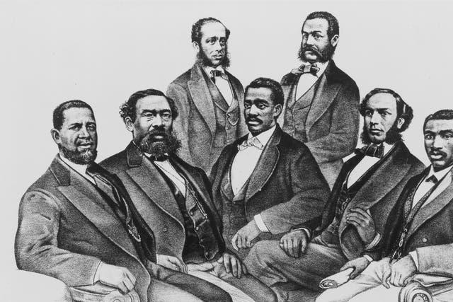 Sketched group portrait of the first black senator, H. M. Revels of Mississippi and black representatives of the US Congress during the Reconstruction Era following the American Civil War, circa 1870-1875.