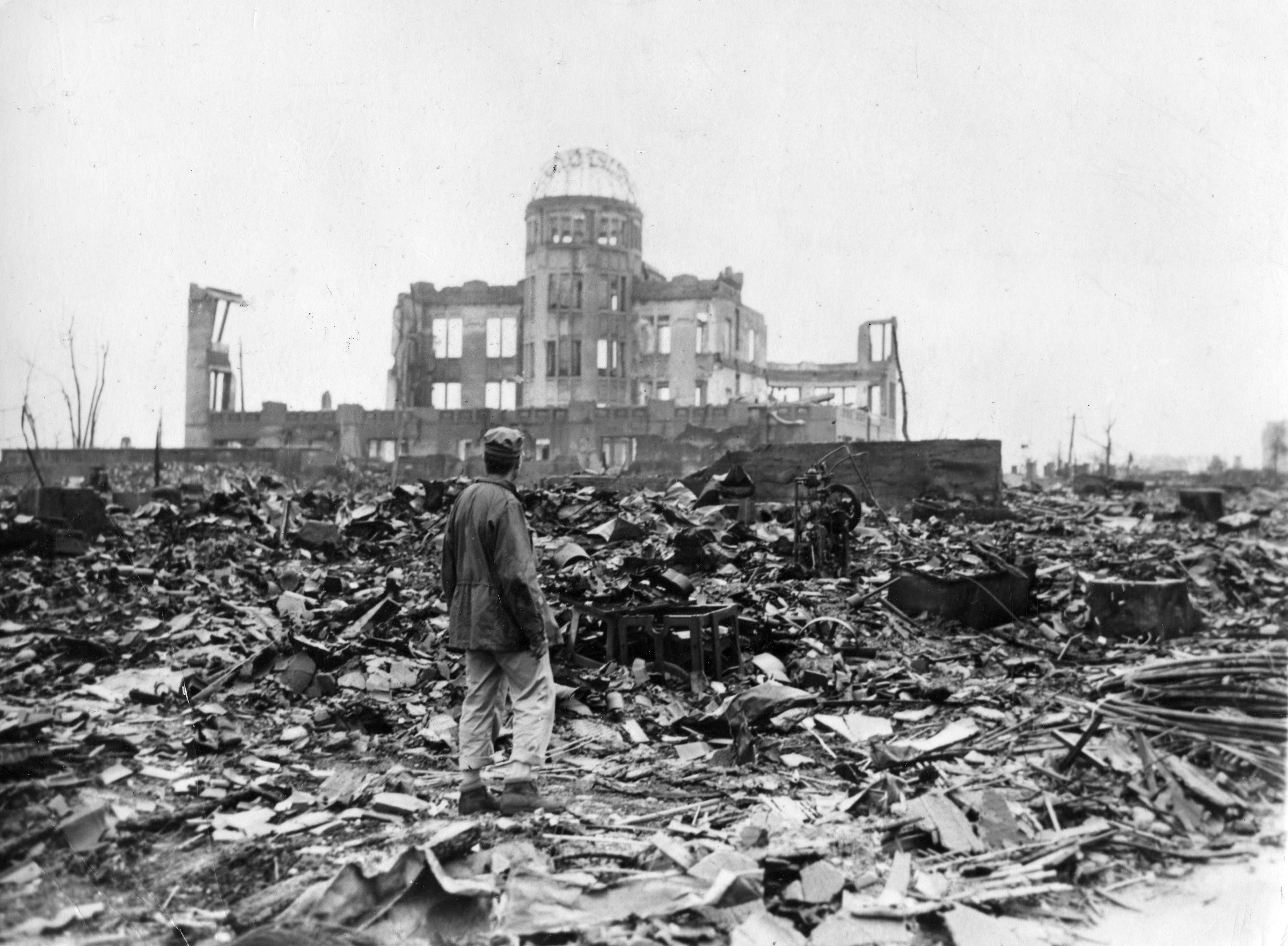 7th September 1945: View of one of the only structures left standing, one day after the U.S. dropped an atomic bomb on Hiroshima, Japan. The building, also known as the Genbaku Dome, is now the centerpiece of the Hiroshima Peace Memorial Park.