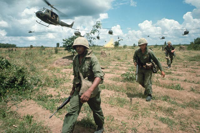 US Infantry, VietnamThe US 173rd Airborne are supported by helicopters during the Iron Triangle assault. (Photo by © Tim Page/CORBIS/Corbis via Getty Images)