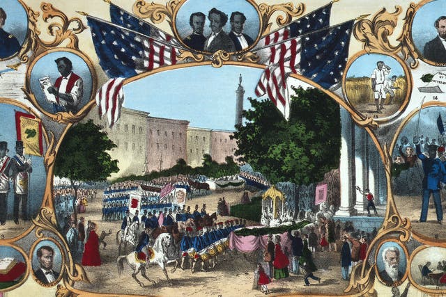 1870: A print celebrating the passage of the fifteenth amendment which made it illegal to deny a vote to anyone on racial grounds. (Photo by MPI/Getty Images)