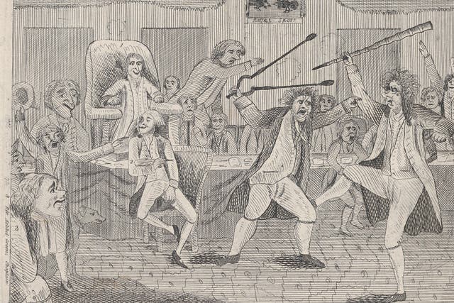 A cartoon portrays a fight on the floor of Congress between Vermont Representative Matthew Lyon and Roger Griswold of Connecticut. With tensions already high due to the controversy over the 1798 Alien and Sedition Acts, the fight was ignited by an insult from Griswold to Lyon.