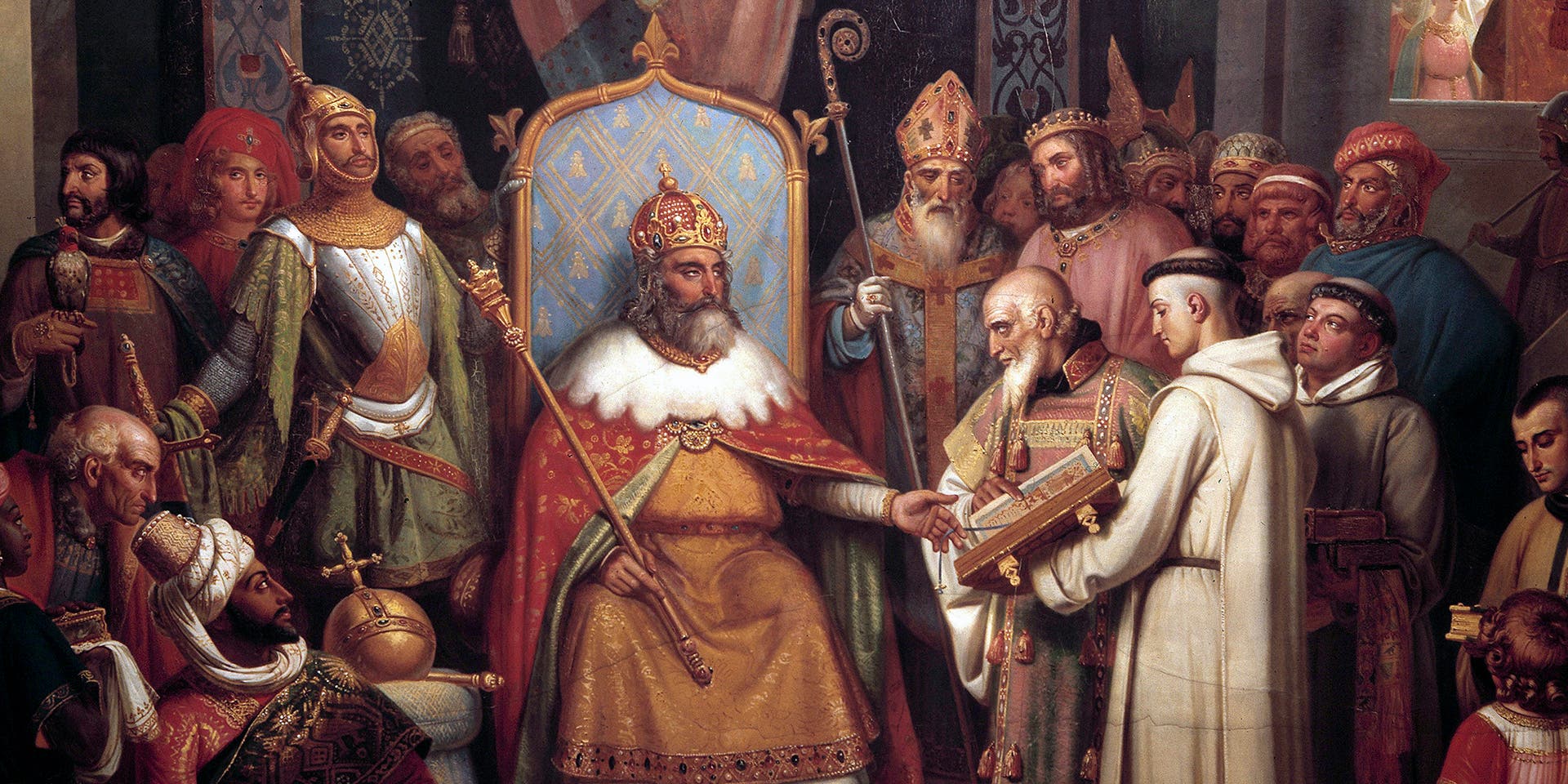 Charlemagne surrounded by his principal officers welcomes Alcuin who shows him manuscripts, work of his monks in 781. Detail of the. Painting by Jules Laure, 1837, Versailles, France.