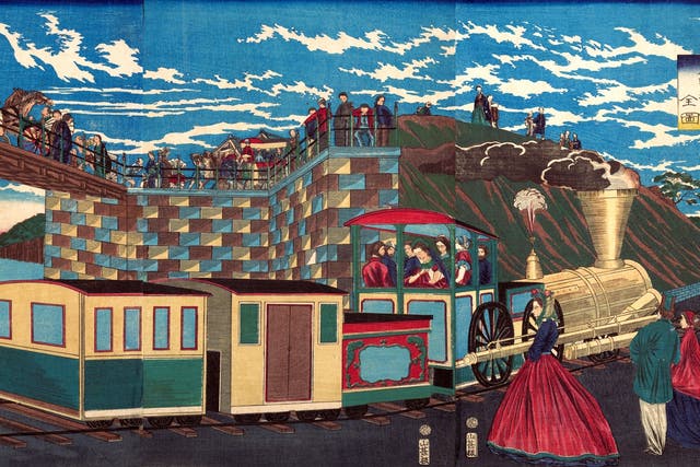 Steam locomotive at Takanawa, seen during Japan's Meiji Restoration.