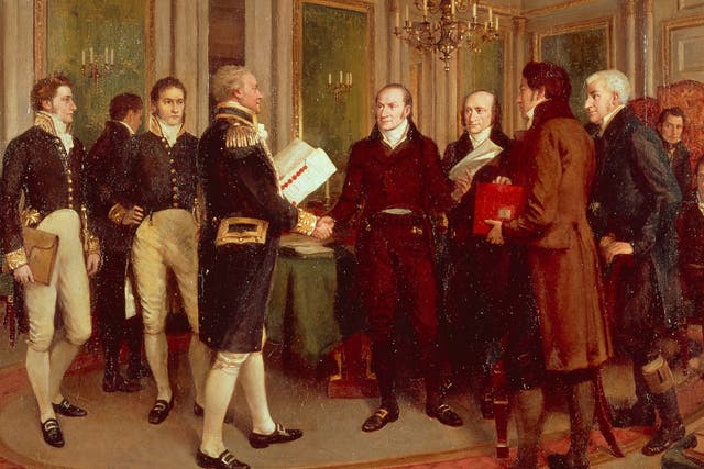 Members of the British and American delegations at the <a href=