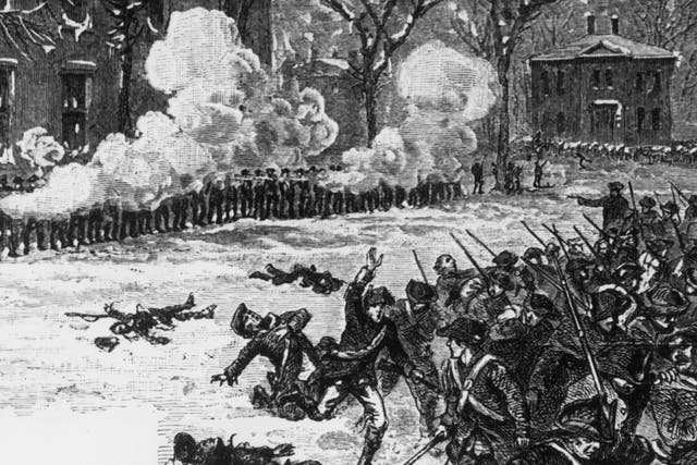 1786: American troops fighting rebels during Shay's rebellion in Western Massachusetts. (Photo by Hulton Archive/Getty Images)