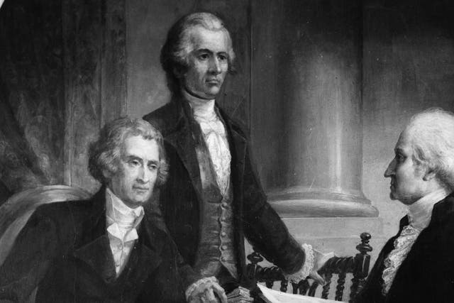 circa 1795: The 1st President of the United States, George Washington (1732 - 1799) in consultation with members of his first cabinet; Secretary of State Thomas Jefferson (seated), later the 3rd President and Secretary of the Treasury and co-author of the Federalist Papers, Alexander Hamilton.