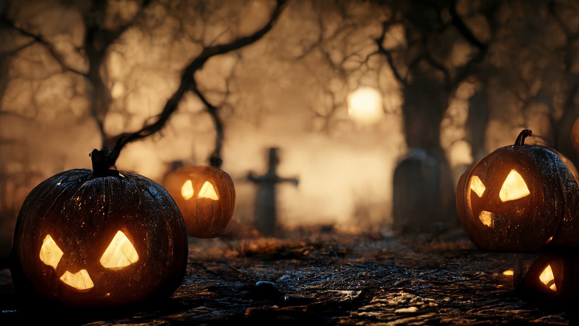 A spooky Halloween scene in a graveyard with Jack-o-lanterns.