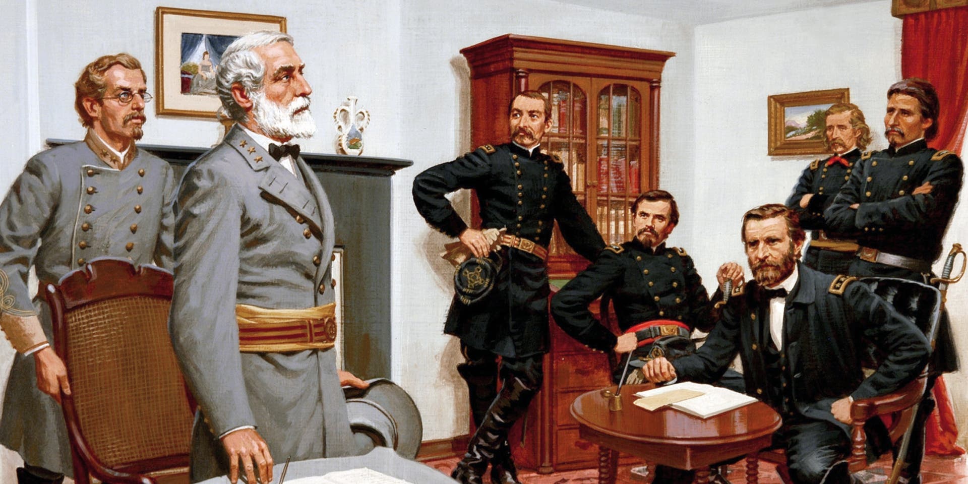 General Robert E. Lee surrendering his Army of Northern Virginia to Union Army General Ulysses S. Grant in Appomattox, Virginia, 1865. (Credit: Ed Vebell/Getty Images)