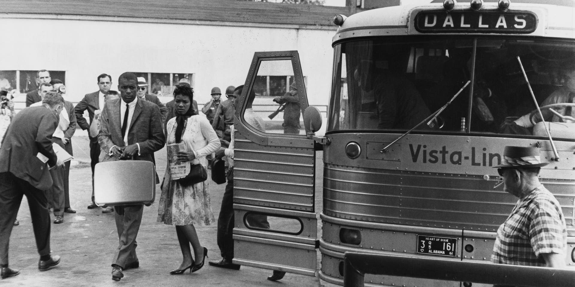 Freedom Riders Head For Jackson, MississippiCivil rights activists known as the Freedom Riders disembark from their bus (marked Dallas), en route from Montgomery, Alabama, to Jackson, Mississippi, as they seek to enforce integration by using 'white only' waiting rooms at bus stations, 26th May 1961. (Photo by Daily Express/Archive Photos/Hulton Archive/Getty Images)