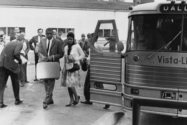 Freedom Riders Head For Jackson, MississippiCivil rights activists known as the Freedom Riders disembark from their bus (marked Dallas), en route from Montgomery, Alabama, to Jackson, Mississippi, as they seek to enforce integration by using 'white only' waiting rooms at bus stations, 26th May 1961. (Photo by Daily Express/Archive Photos/Hulton Archive/Getty Images)