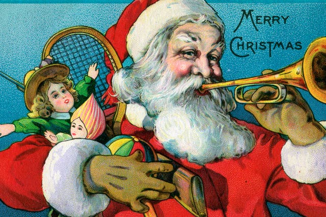 A 1915 chromolithograph illustration of Santa Claus holding toys and blowing on a trumpet.