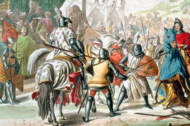 Knights Duelling On Foot In A Touament 19th CenturyKnights duelling on foot in a touament, 19th century. Plate 1 from The History of the Nations by Vincenzo Gazzotto, Vincenzo. Artist G Lago. (Photo by Historica Graphica Collection/Heritage Images/Getty Images)