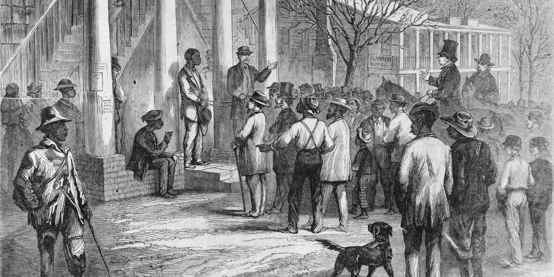 Selling A Freeman To Pay His FineCopy of an illustration showing a free black man being sold to pay his fine, in Monticello, Florida, 1867. The sketch illustrates events which happened under the Black Codes, a series of laws passed by Southern states which imposed severe punishment upon blacks who broke labor contracts, including being sold for up to one year's labor. Many Northerners considered it another form of slavery. (Photo by Interim Archives/Getty Images)