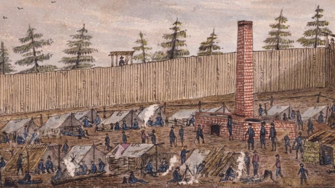 The Union mapmaker Robert Knox Sneden, who was imprisoned at Camp Lawton, painted several watercolors depicting the stockade and kept a journal chronicling the grim conditions there