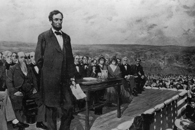 Gettysburg Address19th November 1863: Abraham Lincoln, the 16th President of the United States of America, making his famous 'Gettysburg Address' speech at the dedication of the Gettysburg National Cemetery during the American Civil War. Original Artwork: Painting by Fletcher C Ransom (Photo by Library Of Congress/Getty Images)