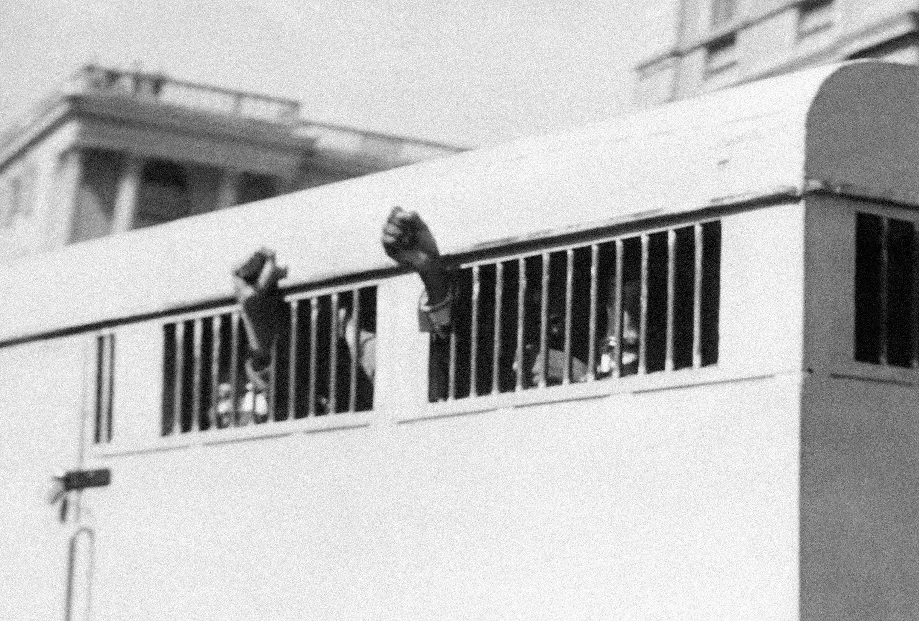 None 'a group of people holding their hands out of a window'