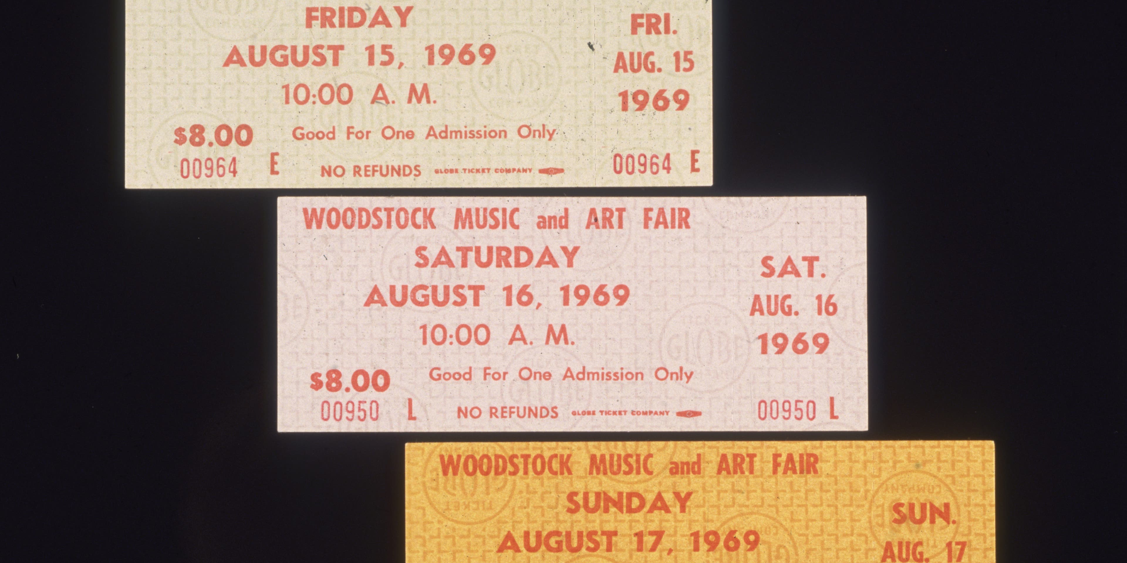 August 1969: Three single-day admission tickets for the Woodstock Music and Arts Fair in Bethel, New York.