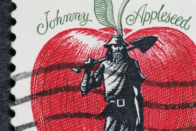 Johnny Appleseed on a postage stamp.