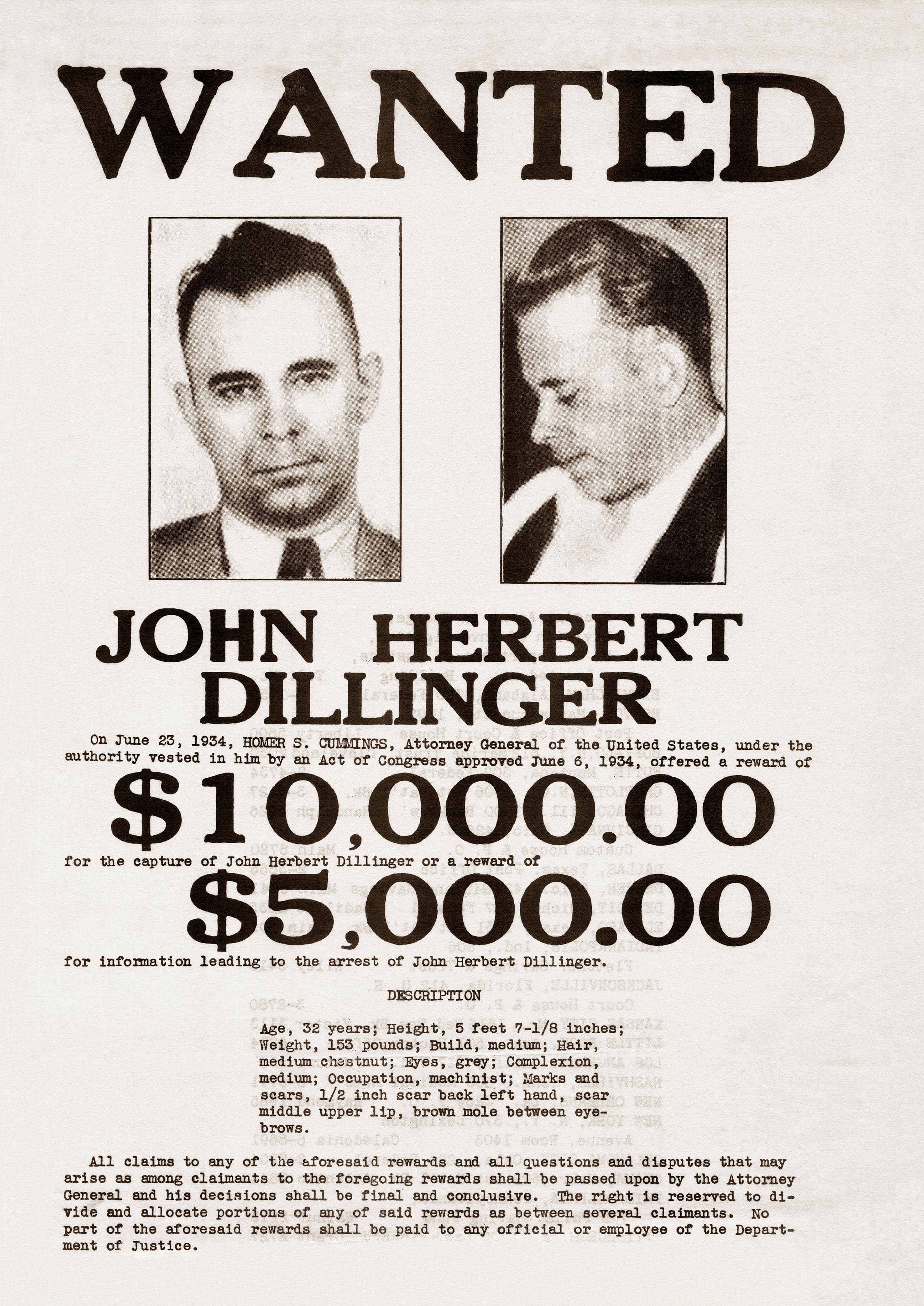A John Dillinger wanted poster. - stock photo