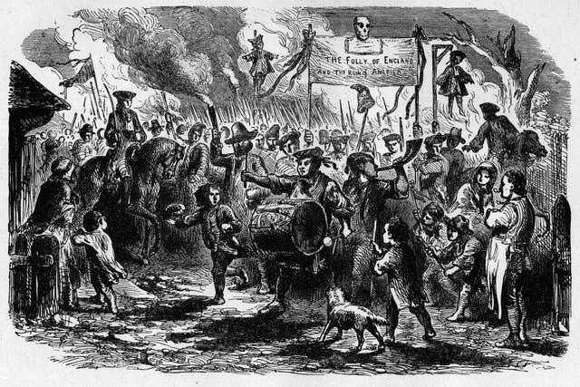 An angry mob protest against the Stamp Act by carrying a banner reading 'The Folly of England, the Ruin of America' through the streets of New York. The Stamp Act, a tax on documents and publications was passed in 1765 by the British government to increase revenue from the colonies, and repealed in 1799 after pressure from both sides of the Atlantic. (Photo by MPI/Getty Images)