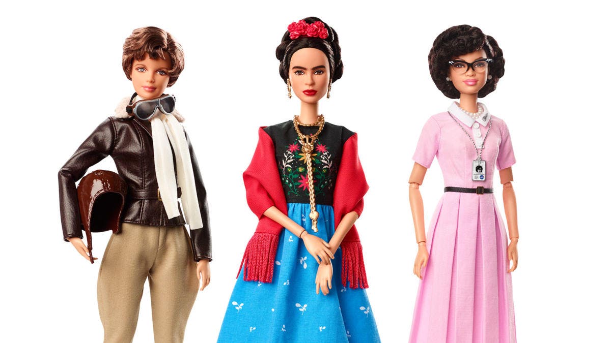 Amelia Earhart, Frida Kahlo, and Katherine Johnson from the Barbie Inspiring Women collection. (Credit: Mattel)