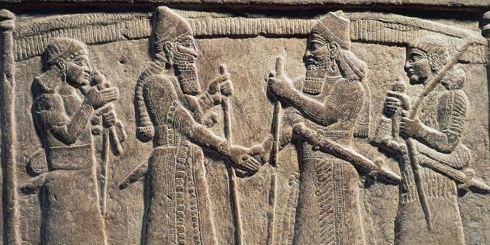 King Shalmaneser III of Assyria meeting a Babylonian, detail from Shalmaneser III's throne, relief on stone.