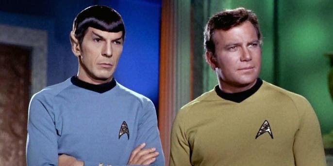 Leonard Nimoy as Mr. Spock and William Shatner as Captain James T. Kirk.