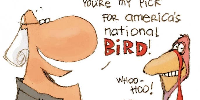 Comic illustration of Franklin with a turkey.