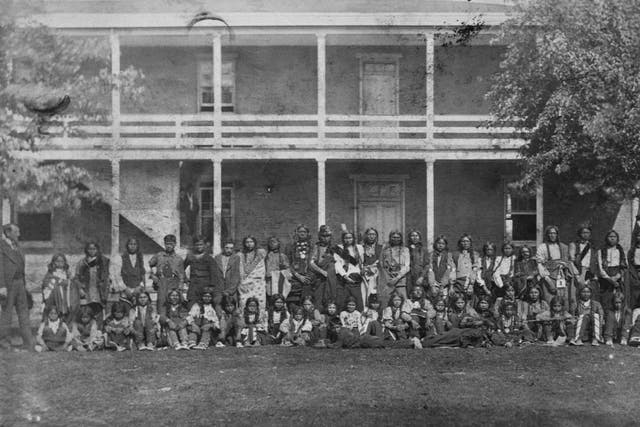 Sioux boys arrive at the Carlisle School, October 5, 1879. (Credit: Corbis/Getty Images)