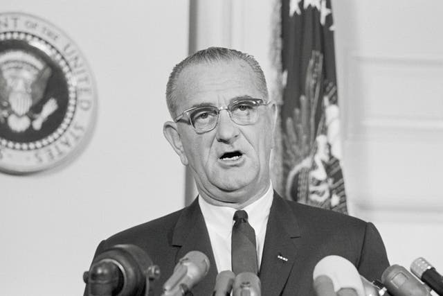 President Lyndon B. Johnson Giving Speech(Original Caption) Message to the Nation. Washington, DC: President Johnson during a quickly-arranged nationwide TV address from the White House today at which he announced that he and the new Soviet leadership have exchanged pledges to continue seeking steps toward a