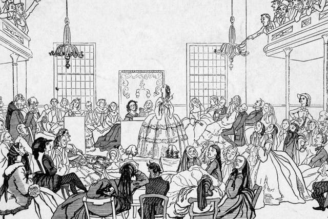 Illustration of First Women's Rights Convention in 1848(Original Caption) Seneca Falls, NY: Cartoon representing feminist speaker denouncing men at the first Women's Rights Convention, July 19-20, 1848, Seneca Falls, NY, where the American feminist movement was launched. Undated engraving. BPA2# 5480