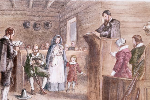 Color Print Depicting Public Worship at Plymouth by the Pilgrims( Original Caption) Public worship at Plymouth by the Pilgrims. Colored engraving. Undated.