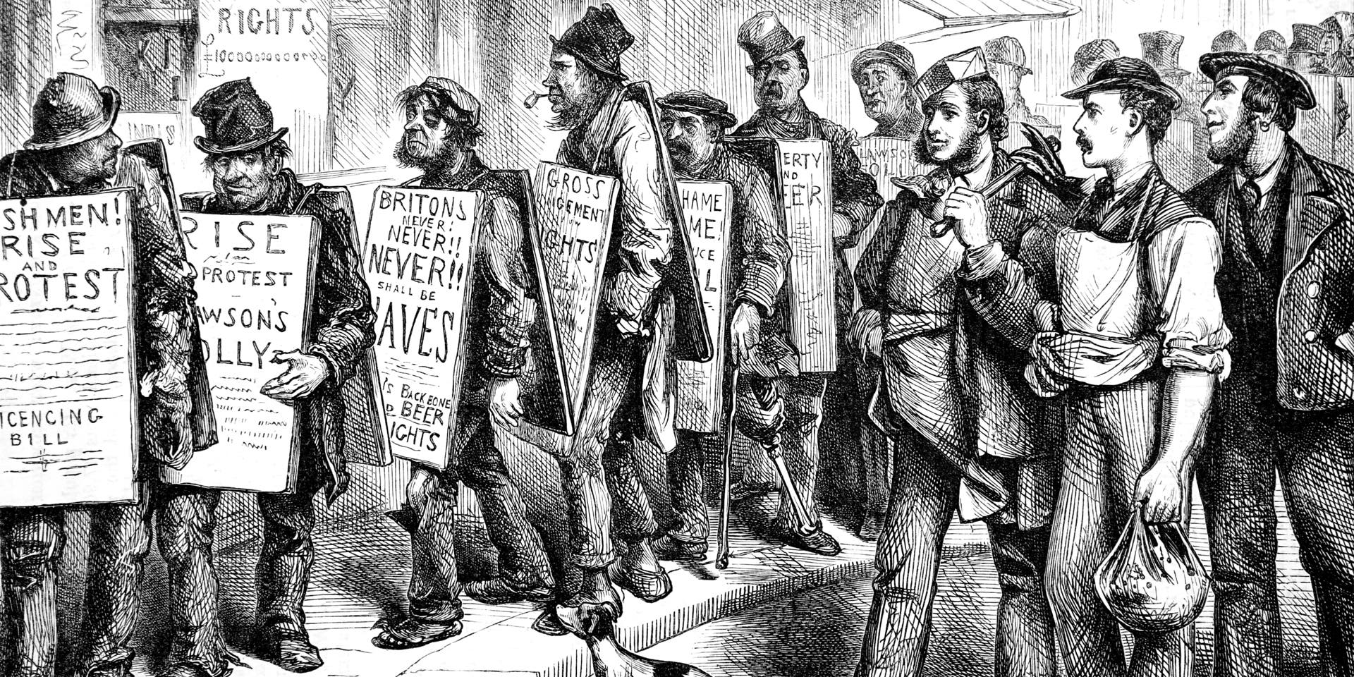 A demonstration against restrictions on the sale of alcohol in the united states of America.Illustration showing a demonstration against restrictions on the sale of alcohol in the united states of America 1875. (Photo by: Universal History Archive/Universal Images Group via Getty Images)
