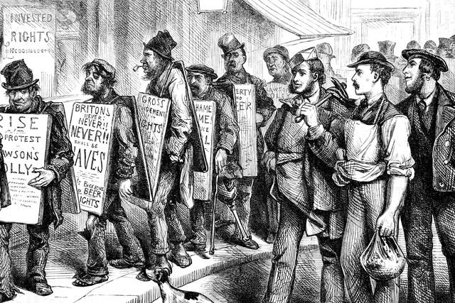 A demonstration against restrictions on the sale of alcohol in the united states of America.Illustration showing a demonstration against restrictions on the sale of alcohol in the united states of America 1875. (Photo by: Universal History Archive/Universal Images Group via Getty Images)