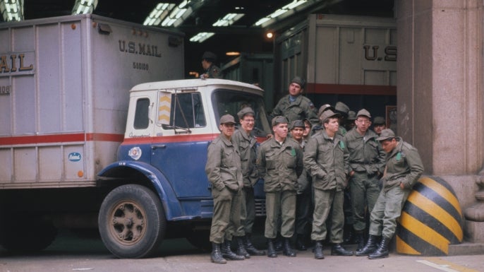 Servicemen filling in for striking postal workers at General Post Office March 24, 1970. (Credit: Bettmann Archive/Getty Images)