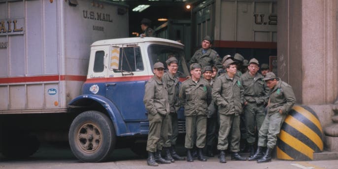 Servicemen filling in for striking postal workers at General Post Office March 24, 1970. (Credit: Bettmann Archive/Getty Images)