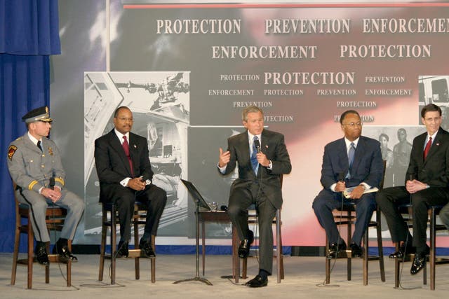 President George W. Bush - USA Patriot Act Conversation - April 20, 2004President George W. Bush spoke alongside a local panel of John Moslow of the Amherst Police Department, Mike Battle, Larry Thompson, Jim McMahon and Peter Ahearn regarding the USA Patriot Act on April 20, 2004 in Buffalo, New York. (Photo by Marc Andrew Deley/FilmMagic)