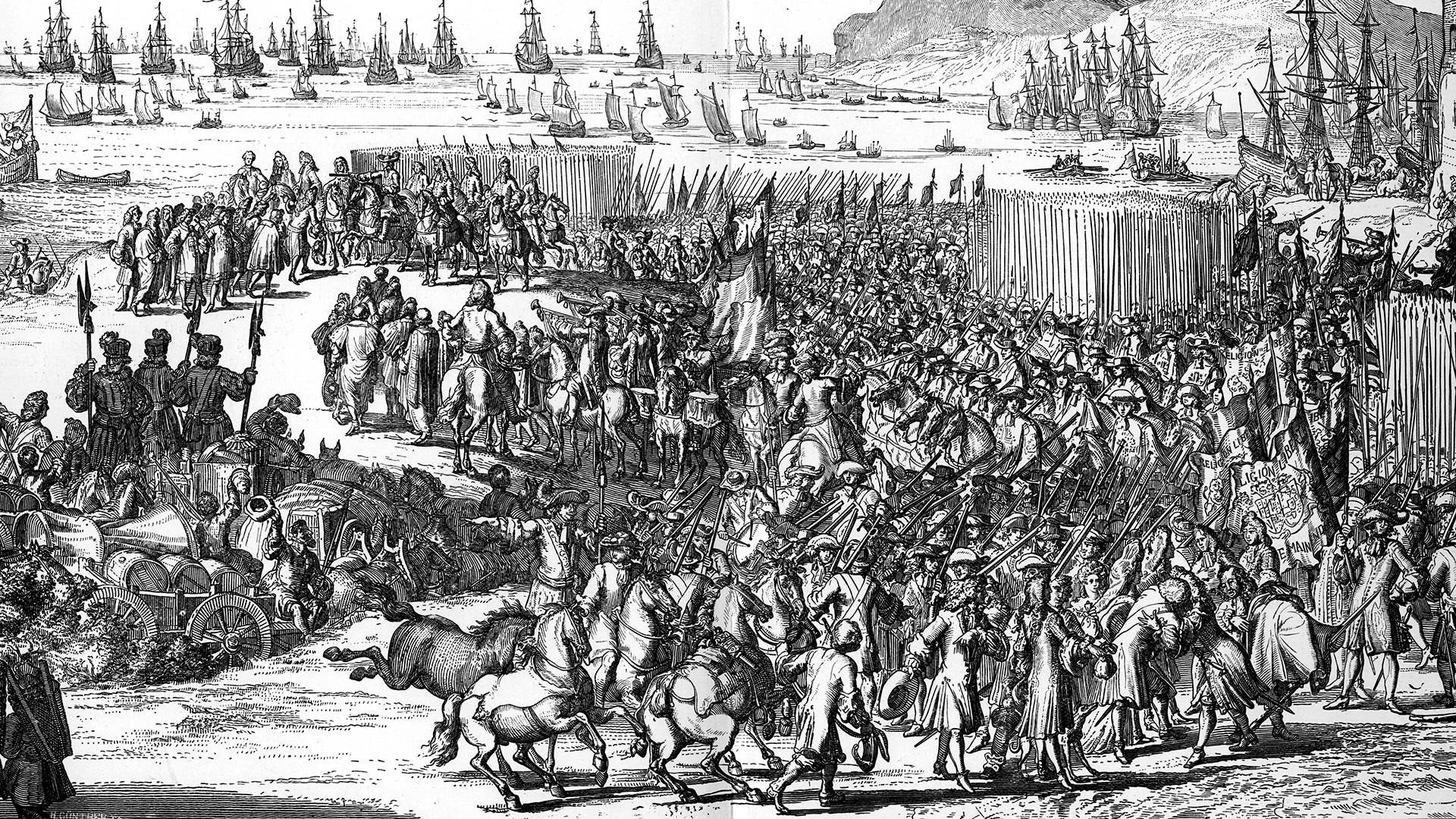 Arrival of William of Orange in England, 15-16 November 1688, (1903). A protestant, William of Orange (1650-1702) was invited by a conspiracy of English notables to depose the Catholic James II and assume the throne in his stead. The invasion, which was virtually bloodless, was successful and became known as the 'Glorious Revolution'. James fled to France and the Prince of Orange was crowned William III of Great Britain and Ireland on 11 April 1689. He co-ruled with his wife Mary II from 1689, continuing as sole ruler after her death in 1694. A print from The World's History, A Survey of Man's Record, by Dr HF Helmolt, Volume II, William Heinemann, London, 1903.