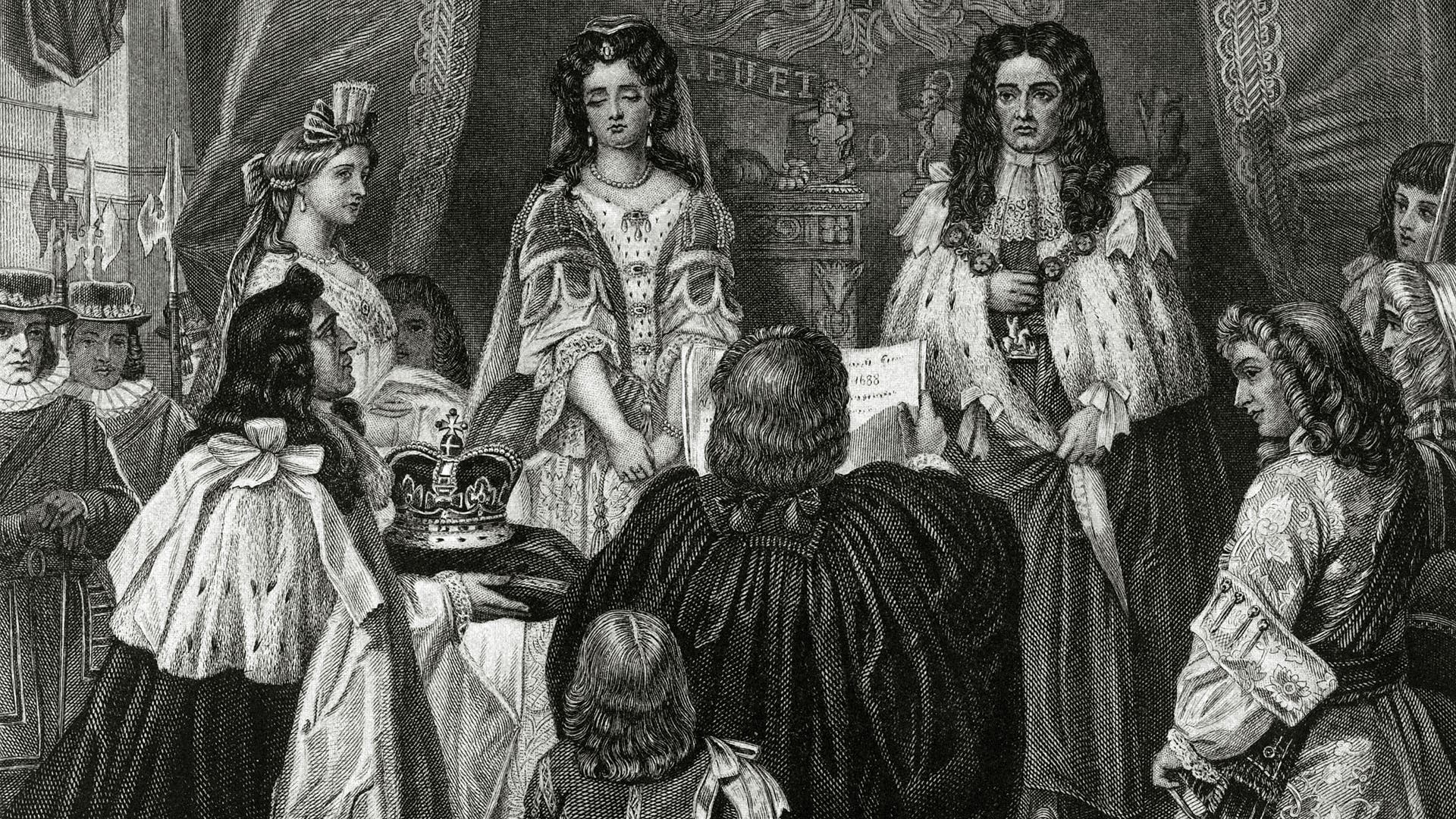 This 1689 illustration shows William and Mary being offered the crown by the Lords and Commons at Whitehall. The monarchs ruled as William III and Mary II reigned 1689-1702.