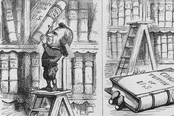 A political illustration from 'Harper's Weekly' made during the impeachment trial of President Andrew Johnson referring to his defiance of the Constitution, 1868. (Credit: Kean Collection/Getty Images)
