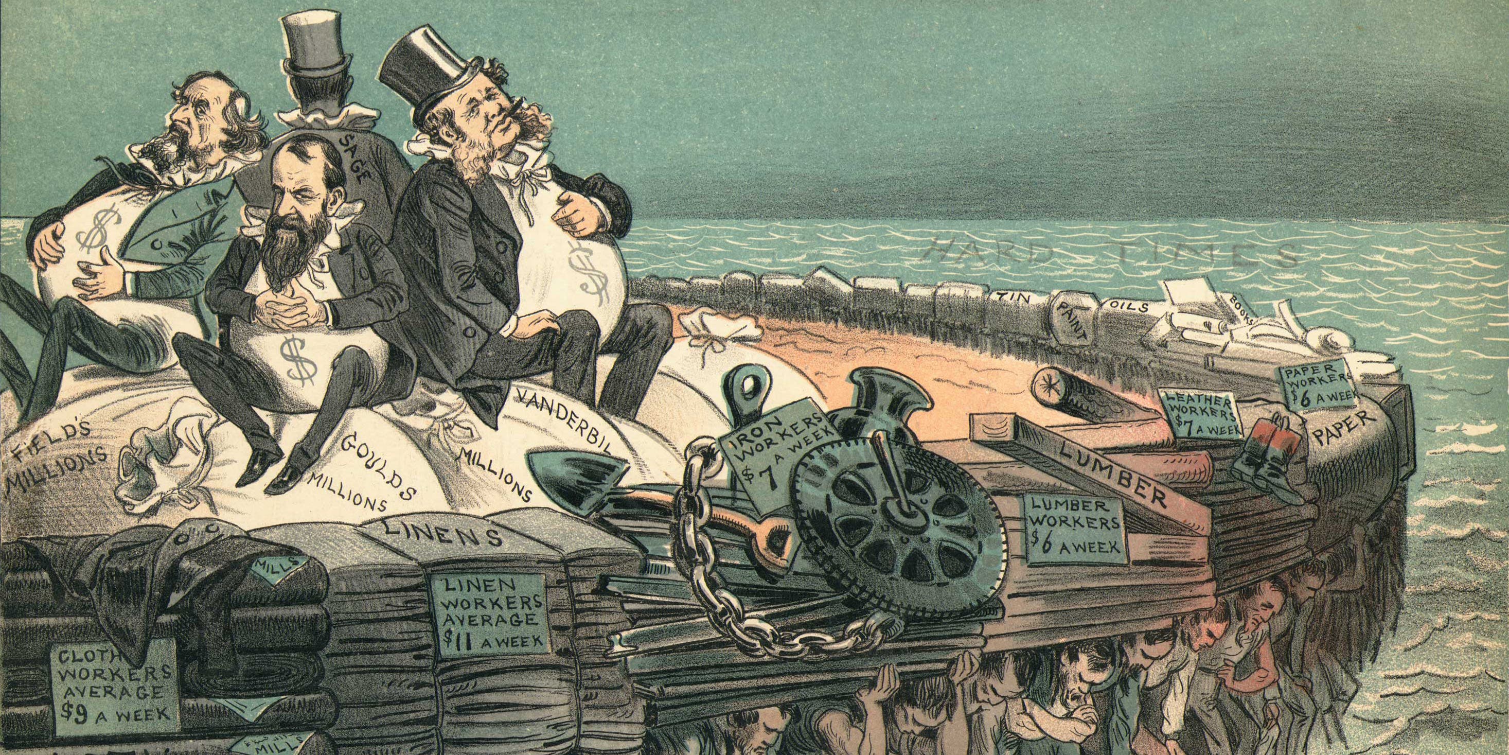 A political cartoon from 1883 aimed at wealthy businessmen, including Vanderbilt, that depicts laborers awash in a sea of hard times, struggling to hold up the industries with low wage jobs on their backs as the industrialists and their millions weigh them down.