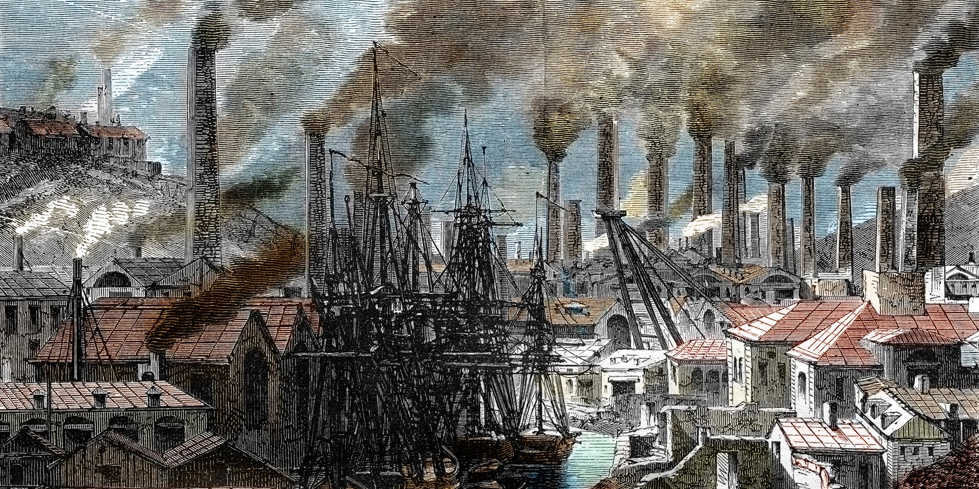 Pollution from copper factories in Cornwall, England, as depicted in an engraving from History of England by Rollins, 1887.