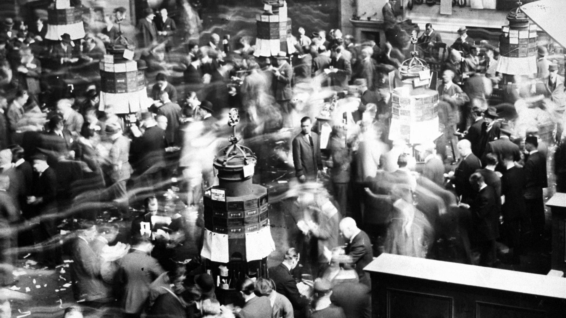 Floor of the New York Stock Exchange during heavy trading, c. 1926.