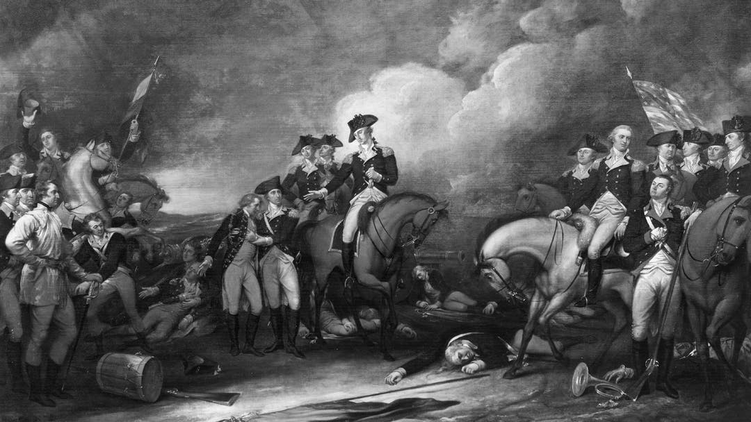 The Battle of Trenton by John Trumbull, in which American troops under cover of darkness crossed the Delaware River to defeat the Hessian mercenaries and British forces at Trenton, New Jersey.