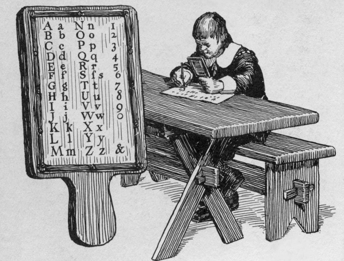 Illustration showing a hornbook in the foreground, and a young colonial boy studying from his hornbook, in the background. The hornbook was a primer for children, often listing the alphabet.