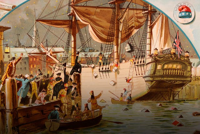 The Boston Tea Party when American colonists threw British tea into Boston Harbor in protest against an exorbitant tax on the product (Photo by Popperfoto via Getty Images/Getty Image)
